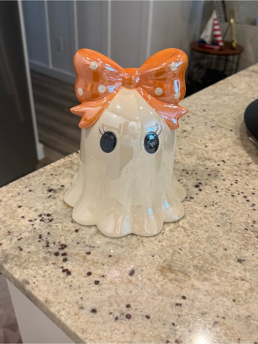 Orange Bow Ceramic Ghost Figurine - Brand Unknown